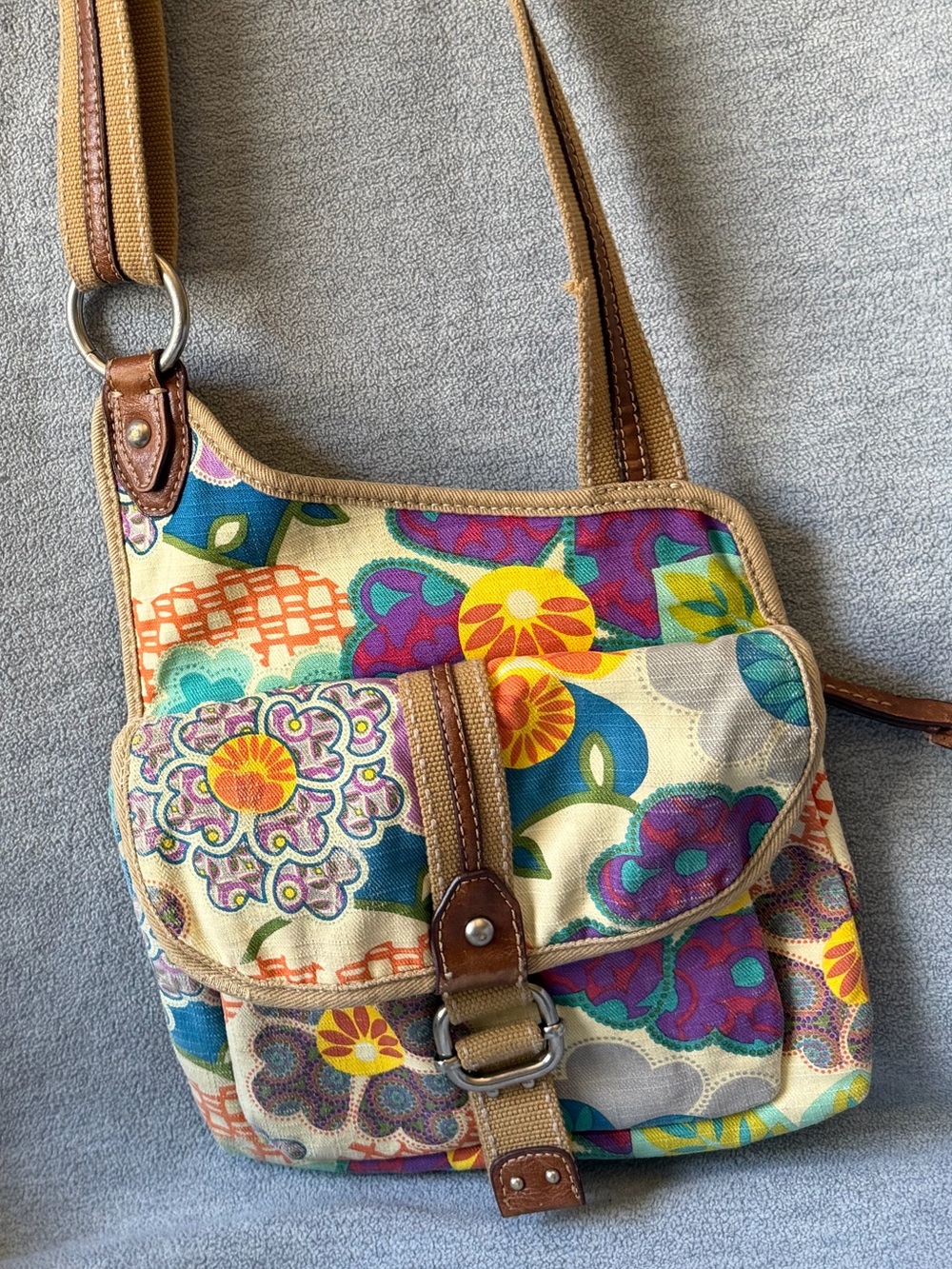Fossil Multicolor Floral Canvas Crossbody with Brown Trim